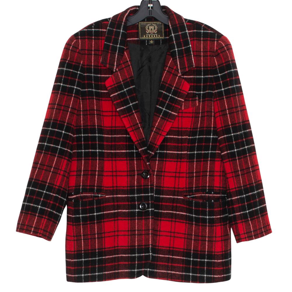 Vintage Express Blazer Wool Dark Academia Preppy 90s Grunge Plaid Red Size Small